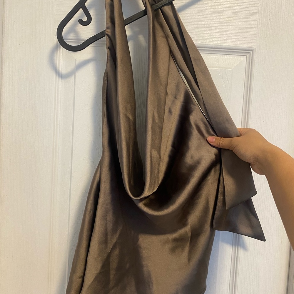 Zara Satin Cowl Neck Halter Top in Taupe